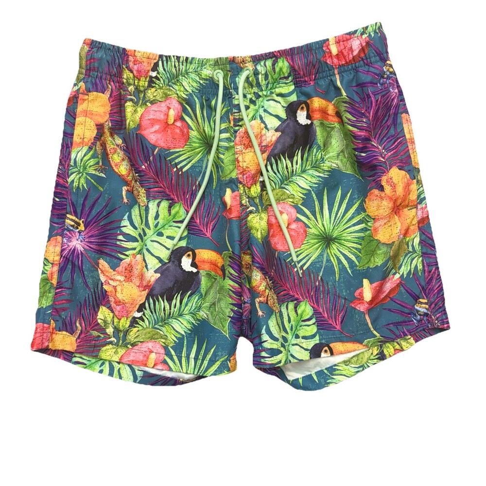 Ring Of Fire Tropical Blue Floral Fiesta Jungle Swim Trunk 6” Shorts Size S